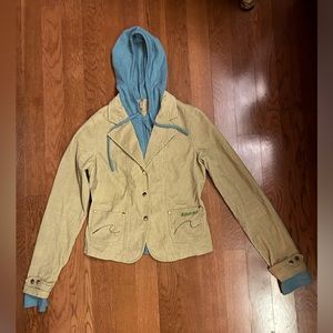 Billabong button down tan corduroy jacket with blue zip up hoodie attachment